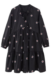 Floral Embroidered Long Sleeve Dress, Black
