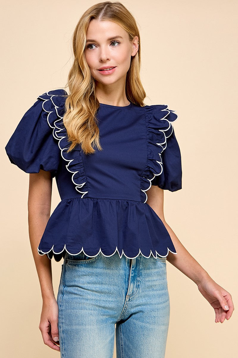 Scalloped Round Neck Top, Navy