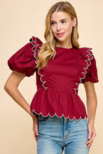 Load image into Gallery viewer, Scalloped Round Neck Top, Maroon
