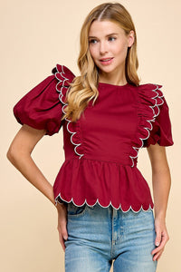 Scalloped Round Neck Top, Maroon