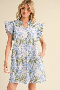 Ruffled Sleeve Floral Dress, Blue