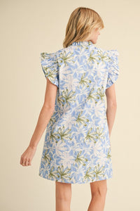 Ruffled Sleeve Floral Dress, Blue