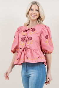 Embroidered Front Tie Top