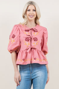 Embroidered Front Tie Top